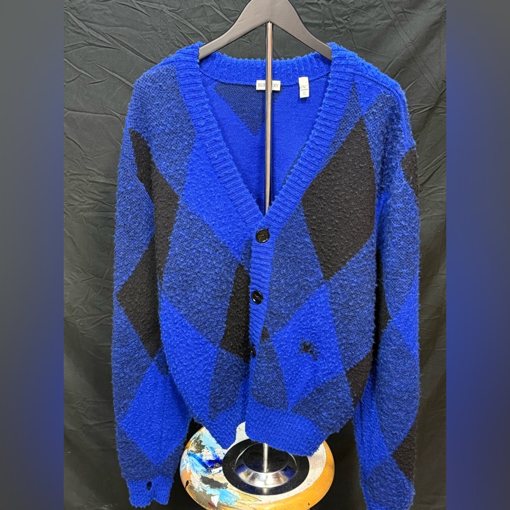 Burberry Blue and Black Argyle Cardigan
